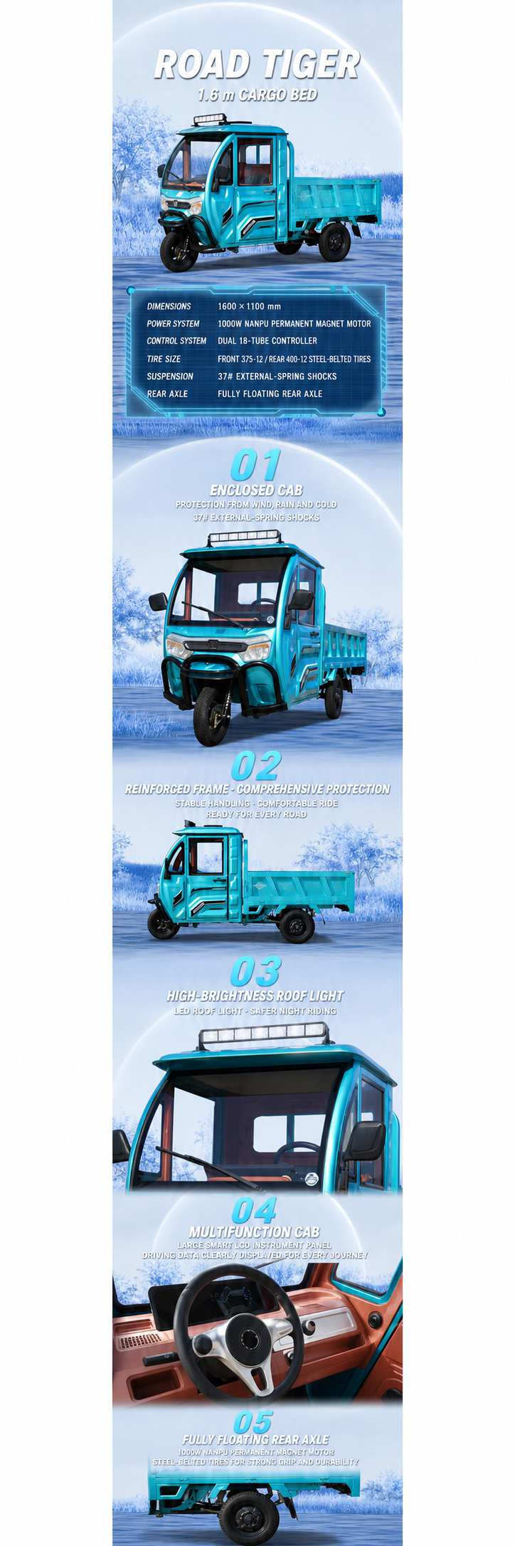 All-Weather Battery Cargo Three-Wheeler | Self-Unloading Tipper with Driver Cab | Farm and Worksite All-Weather Battery Cargo Three-Wheeler | Self-Unloading Tipper with Driver Cab | Farm and Worksite