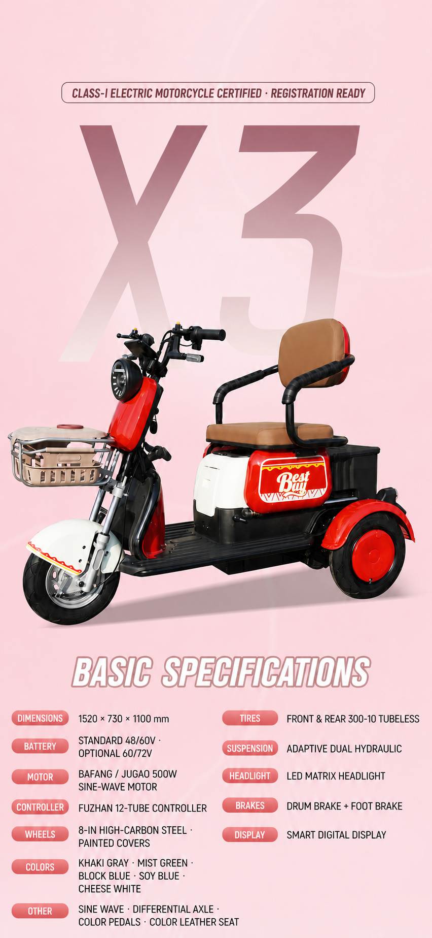 Dual-Seat Electric Mobility Tricycle | Convertible Passenger Scooter | Senior Family Travel