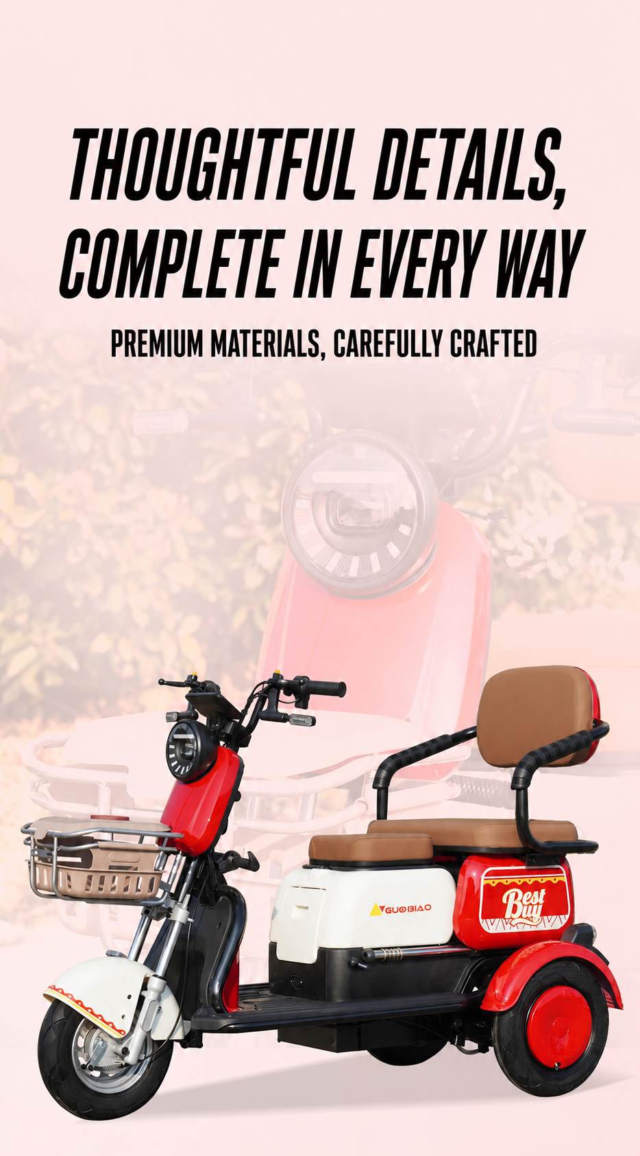 Dual-Seat Electric Mobility Tricycle | Convertible Passenger Scooter | Senior Family Travel