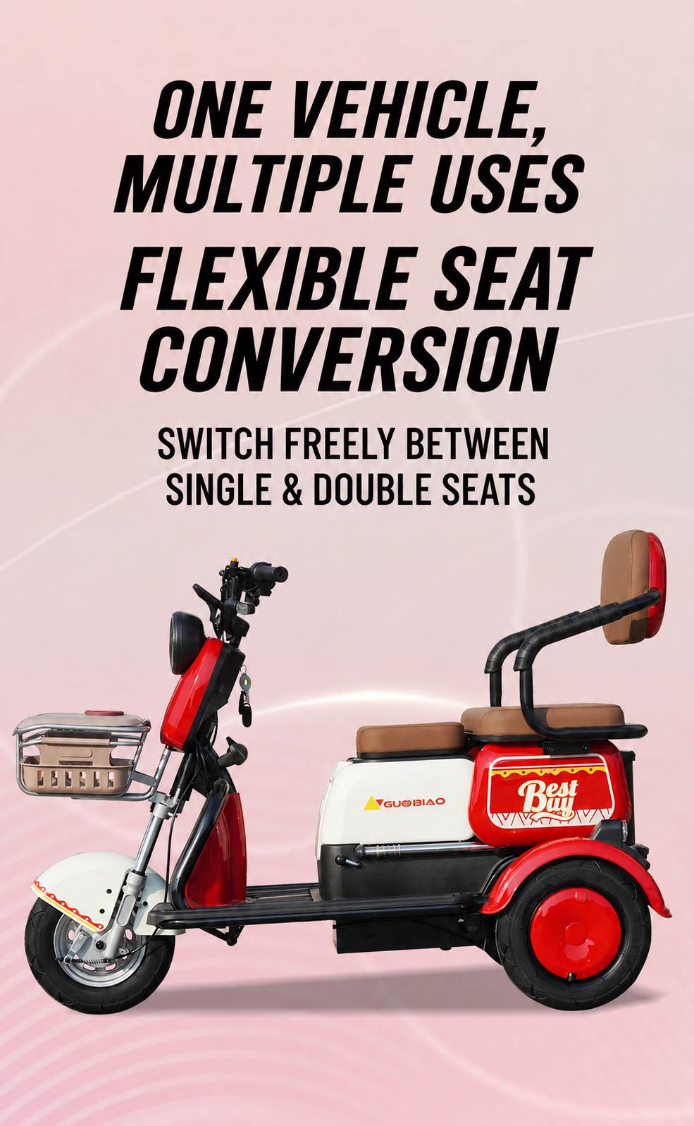 Dual-Seat Electric Mobility Tricycle | Convertible Passenger Scooter | Senior Family Travel