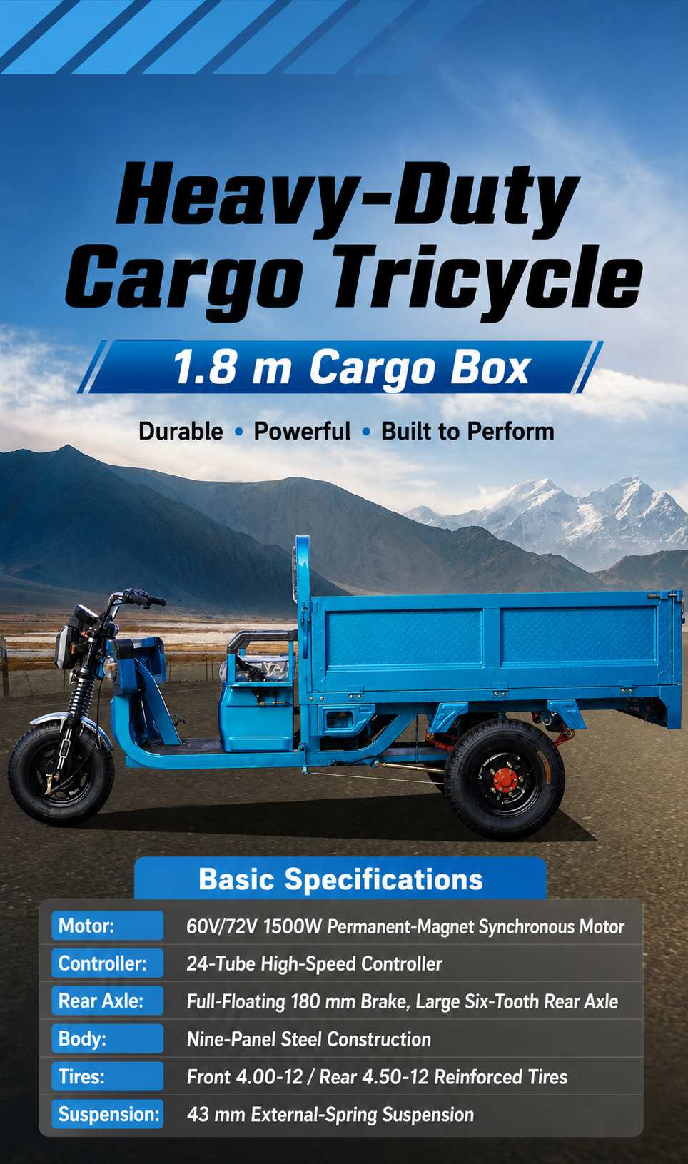 Electric Cargo Tricycle | 1500W Motor | 1.8m Steel Cargo Bed | Hydraulic Dump