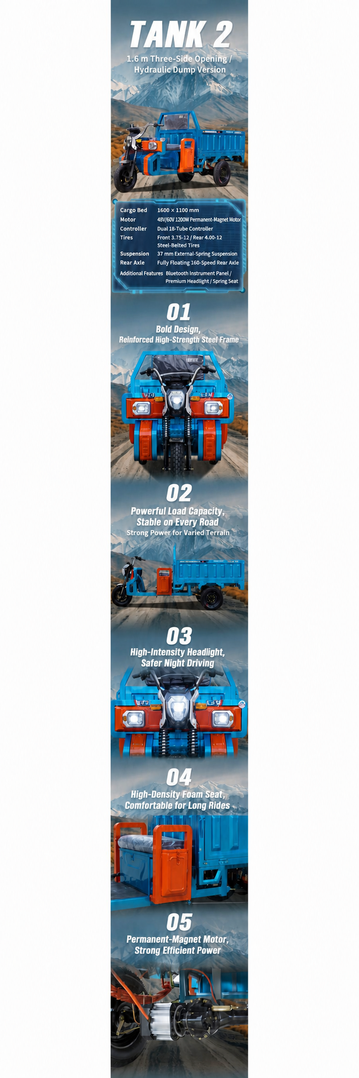 Electric Cargo Tricycle | 1200W Heavy-Duty Three-Wheel Utility Vehicle | Hydraulic Dump Electric Cargo Tricycle | 1200W Heavy-Duty Three-Wheel Utility Vehicle | Hydraulic Dump