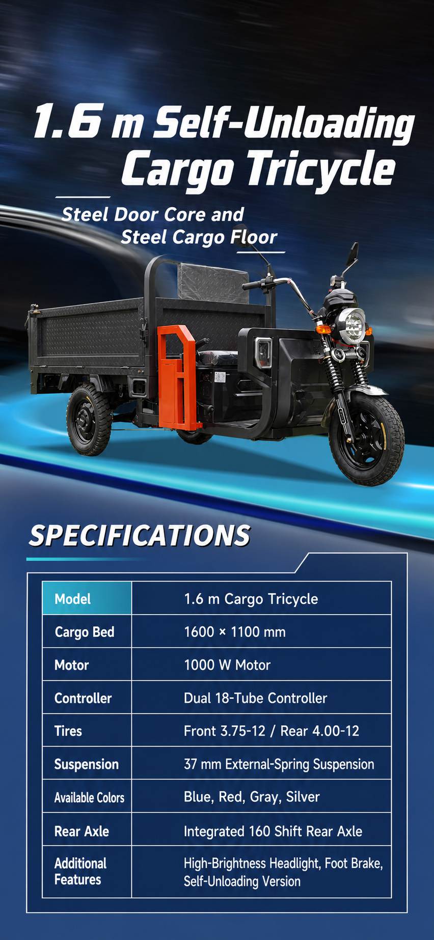 Heavy-Duty Electric Dump Cargo Tricycle | 1.6m Steel Cargo Bed | One-Touch Hydraulic Tipper Heavy-Duty Electric Dump Cargo Tricycle | 1.6m Steel Cargo Bed | One-Touch Hydraulic Tipper