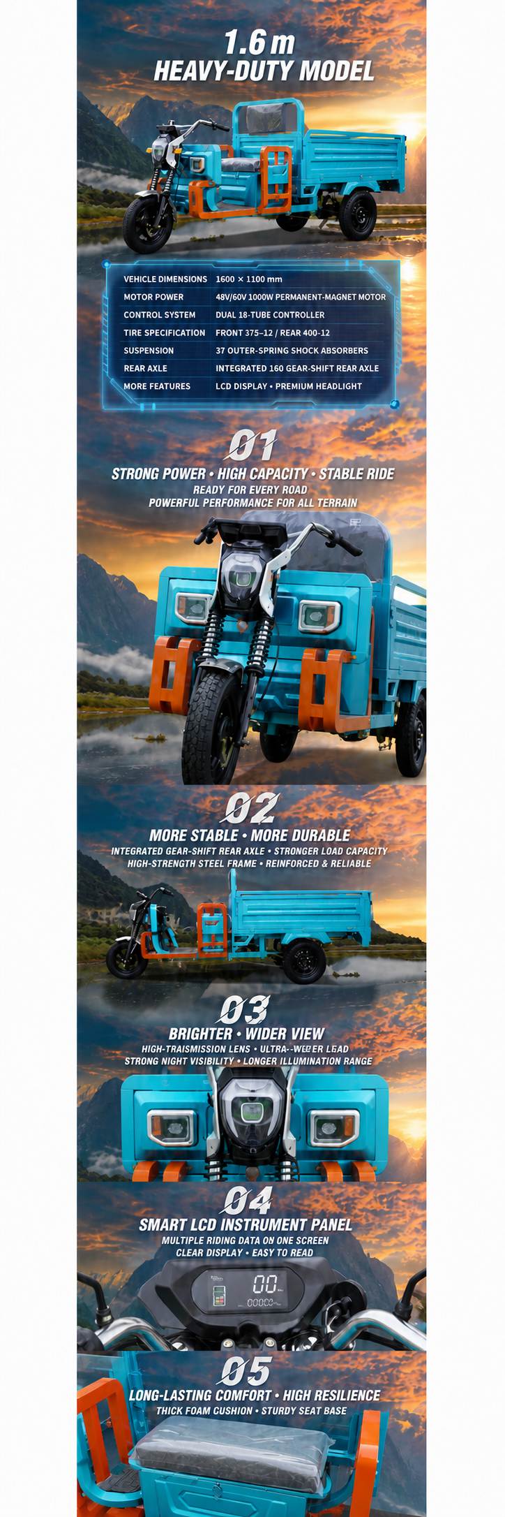 Heavy-Duty Electric Cargo Tricycle | 1.6m Steel Cargo Bed|1000W Utility Three-Wheeler|Farm Delivery Heavy-Duty Electric Cargo Tricycle | 1.6m Steel Cargo Bed|1000W Utility Three-Wheeler|Farm Delivery