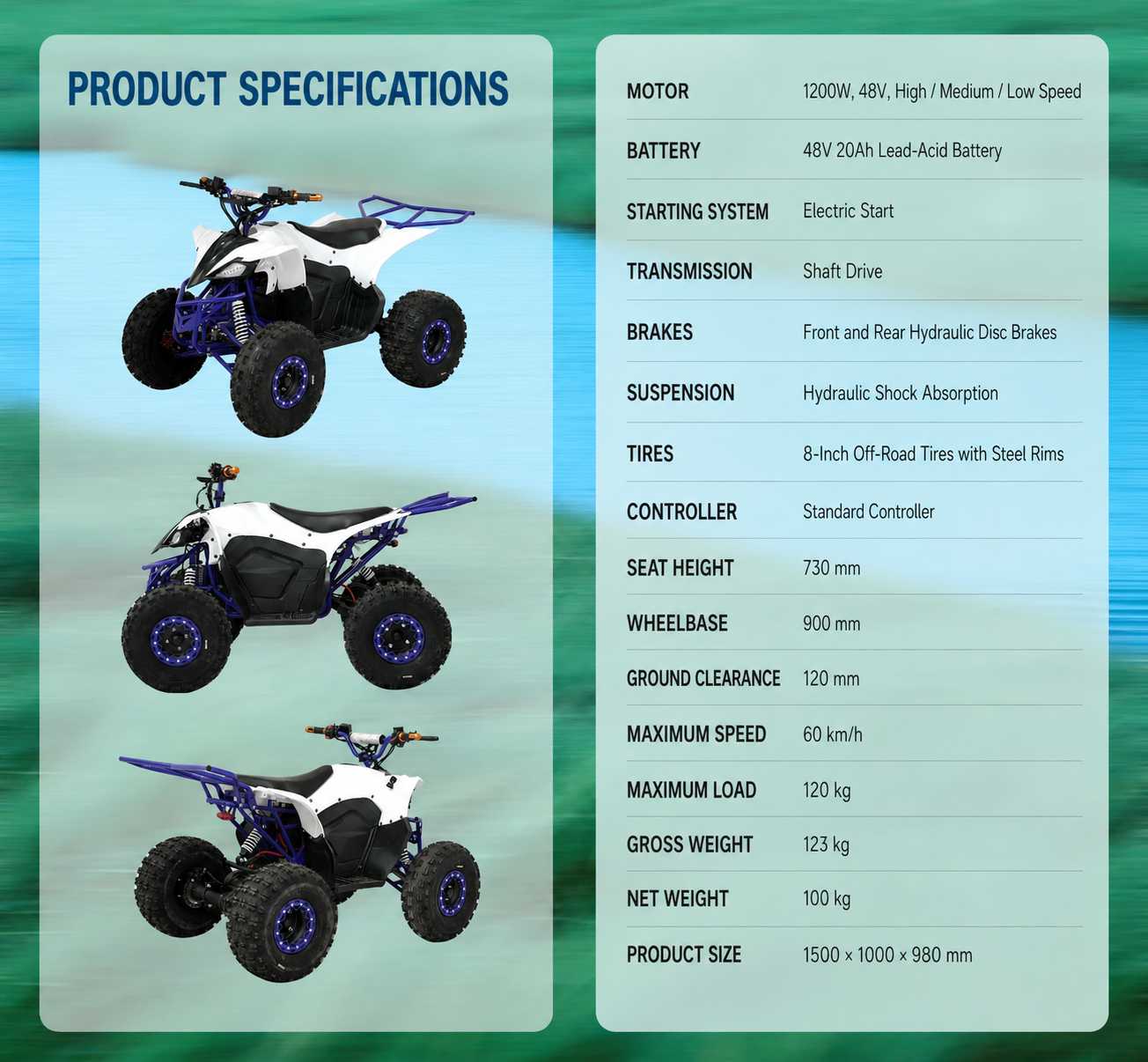 1200W Electric ATV | Four-Wheel Off-Road Quad Bike | All-Terrain Utility Vehicle 1200W Electric ATV | Four-Wheel Off-Road Quad Bike | All-Terrain Utility Vehicle
