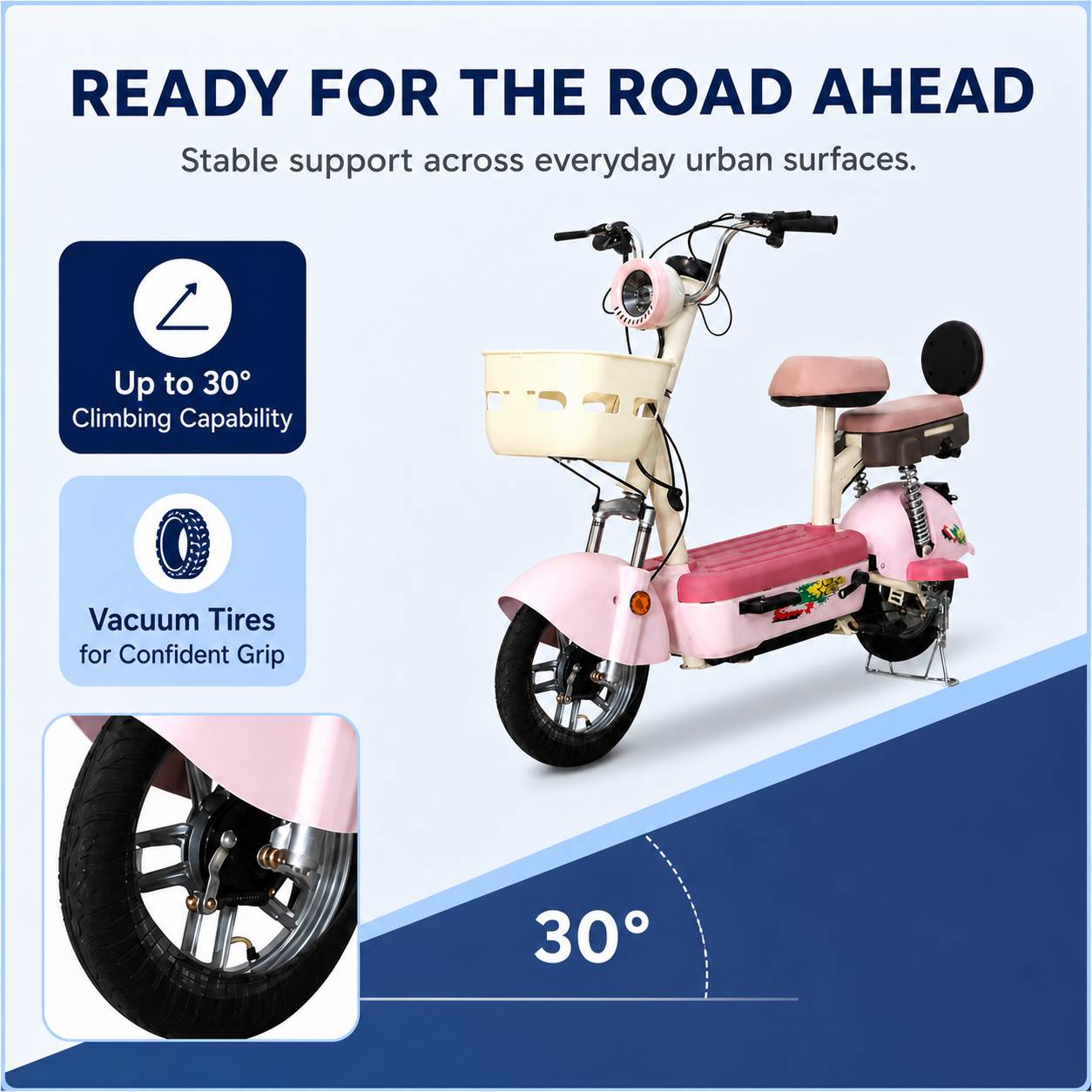 Compact Step-Through Electric Scooter with Dual Seats, LED Headlight, Basket & Vacuum Tires Compact Step-Through Electric Scooter with Dual Seats, LED Headlight, Basket & Vacuum Tires