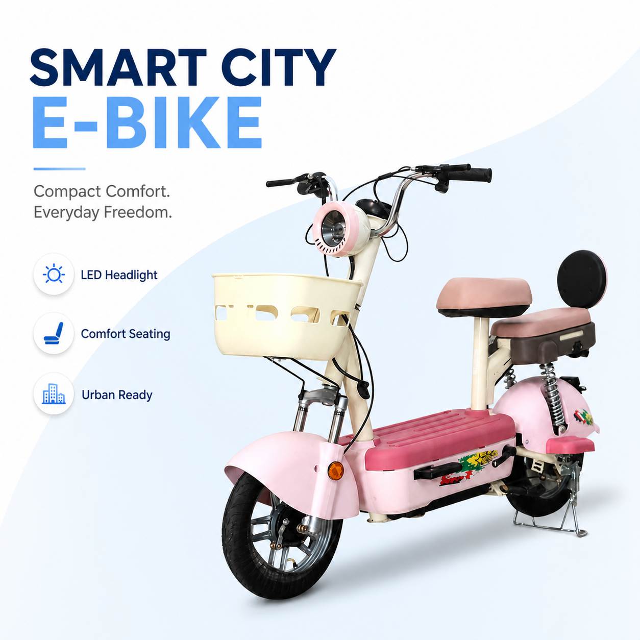 Compact Step-Through Electric Scooter with Dual Seats, LED Headlight, Basket & Vacuum Tires Compact Step-Through Electric Scooter with Dual Seats, LED Headlight, Basket & Vacuum Tires