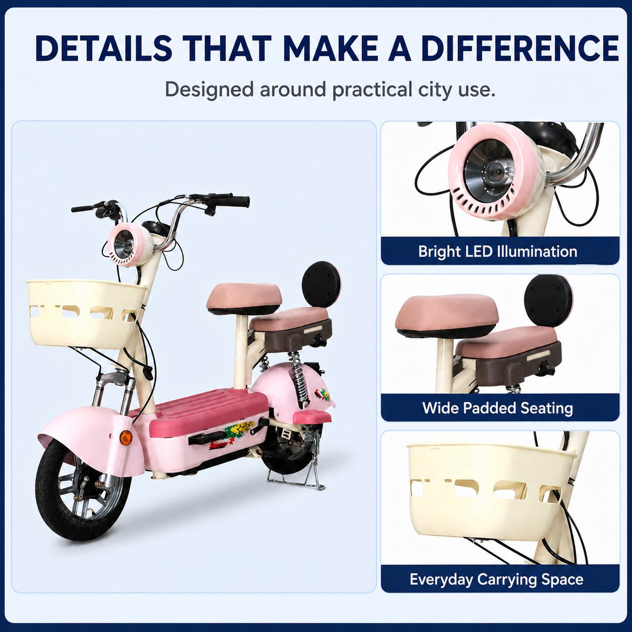 Compact Step-Through Electric Scooter with Dual Seats, LED Headlight, Basket & Vacuum Tires Compact Step-Through Electric Scooter with Dual Seats, LED Headlight, Basket & Vacuum Tires