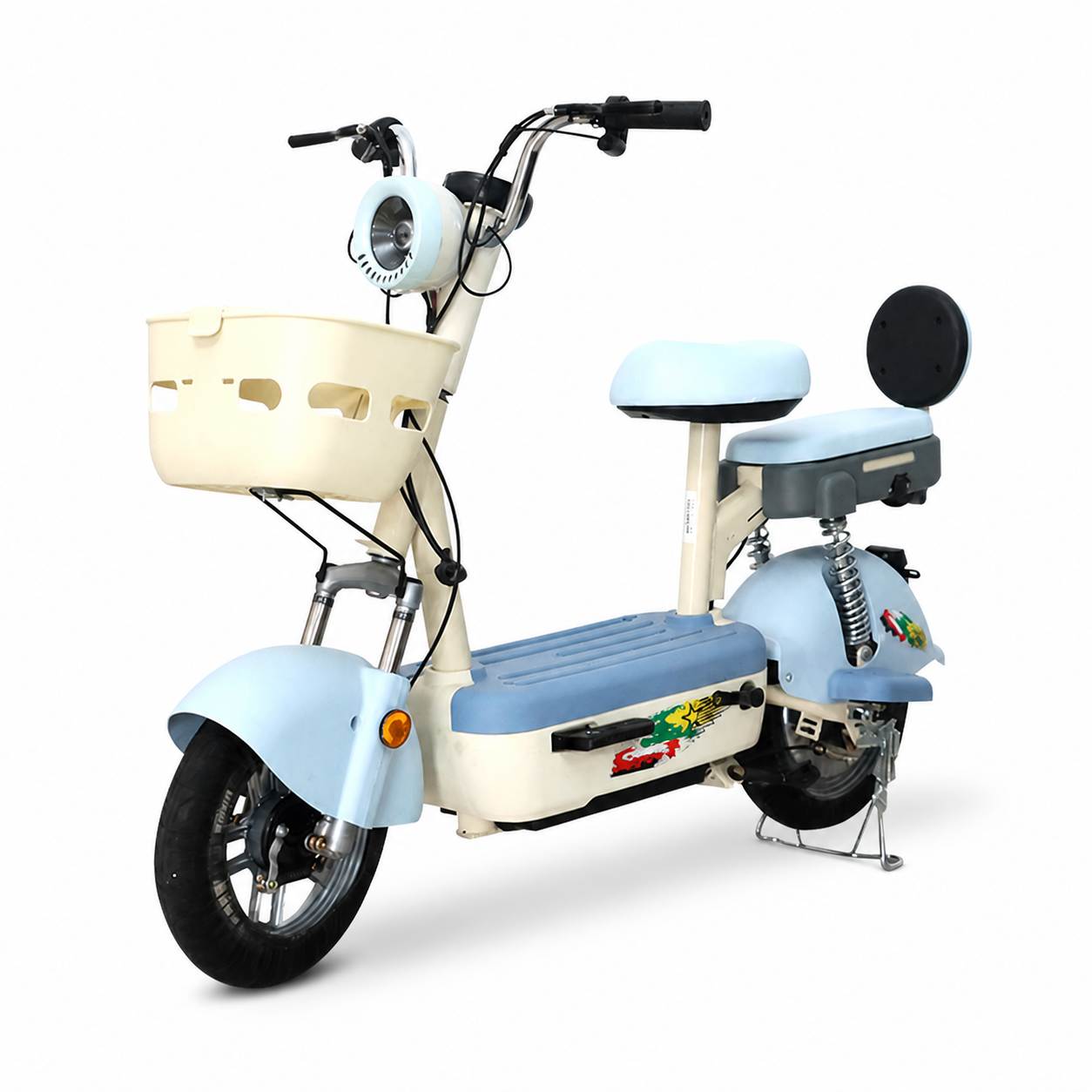 Compact Step-Through Electric Scooter with Dual Seats, LED Headlight, Basket & Vacuum Tires