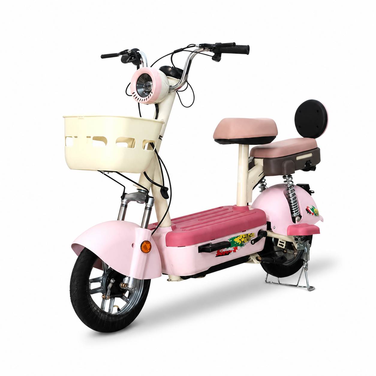 Compact Step-Through Electric Scooter with Dual Seats, LED Headlight, Basket & Vacuum Tires