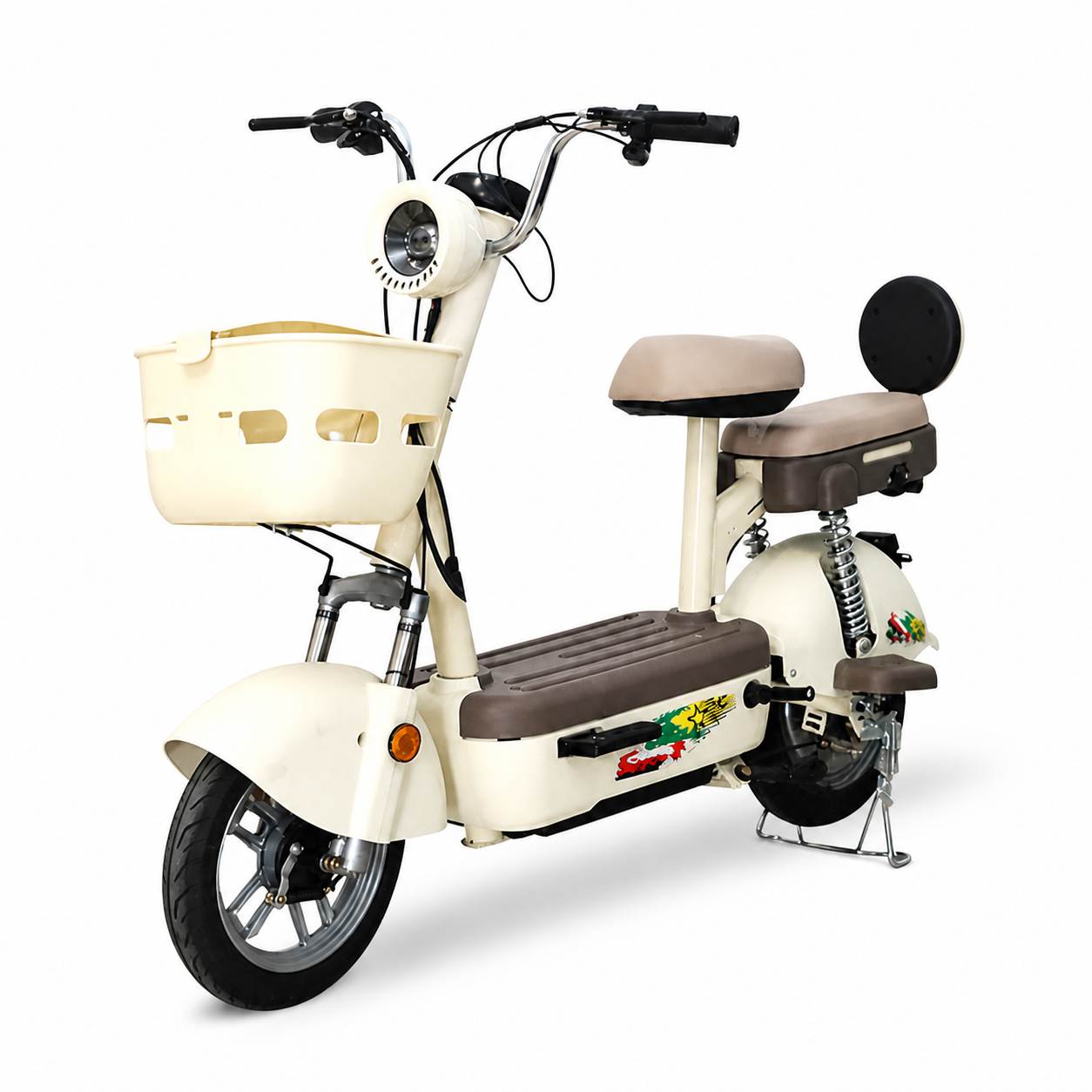 Compact Step-Through Electric Scooter with Dual Seats, LED Headlight, Basket & Vacuum Tires
