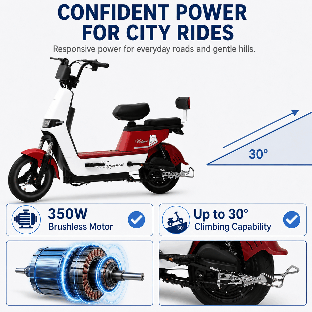 350W Step-Through Electric Scooter with Dual Seats, LED Headlight & 30° Climbing