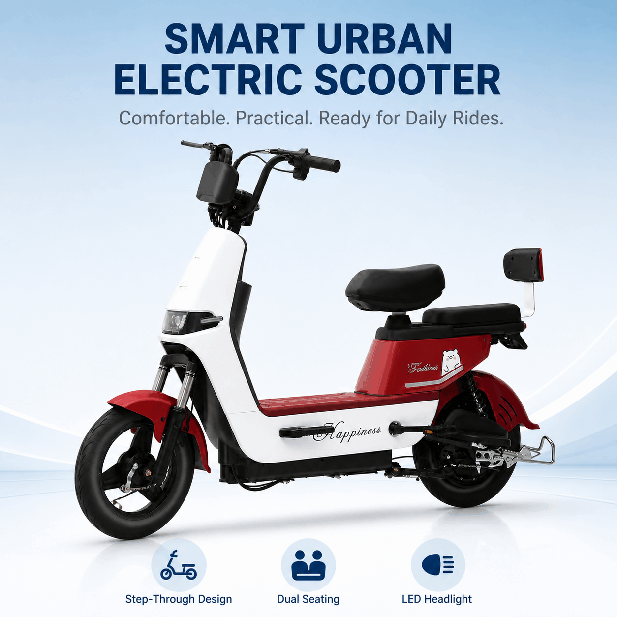 350W Step-Through Electric Scooter with Dual Seats, LED Headlight & 30° Climbing