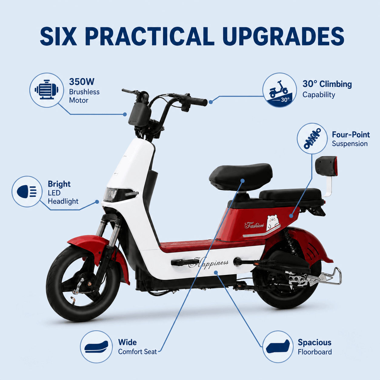 350W Step-Through Electric Scooter with Dual Seats, LED Headlight & 30° Climbing