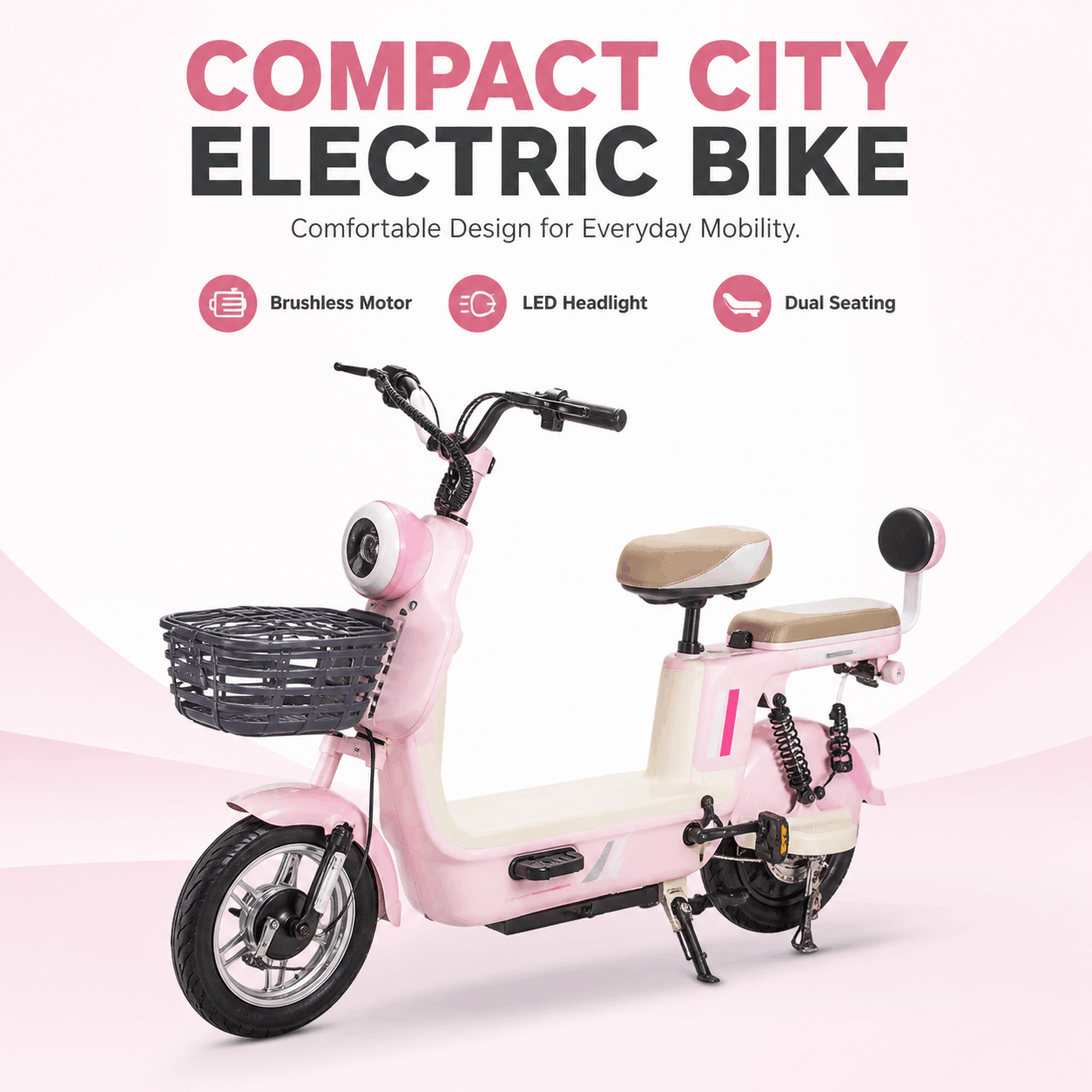 Compact Step-Through Electric Bike with Brushless Motor, Dual Seats, Basket & 30° Climbing
