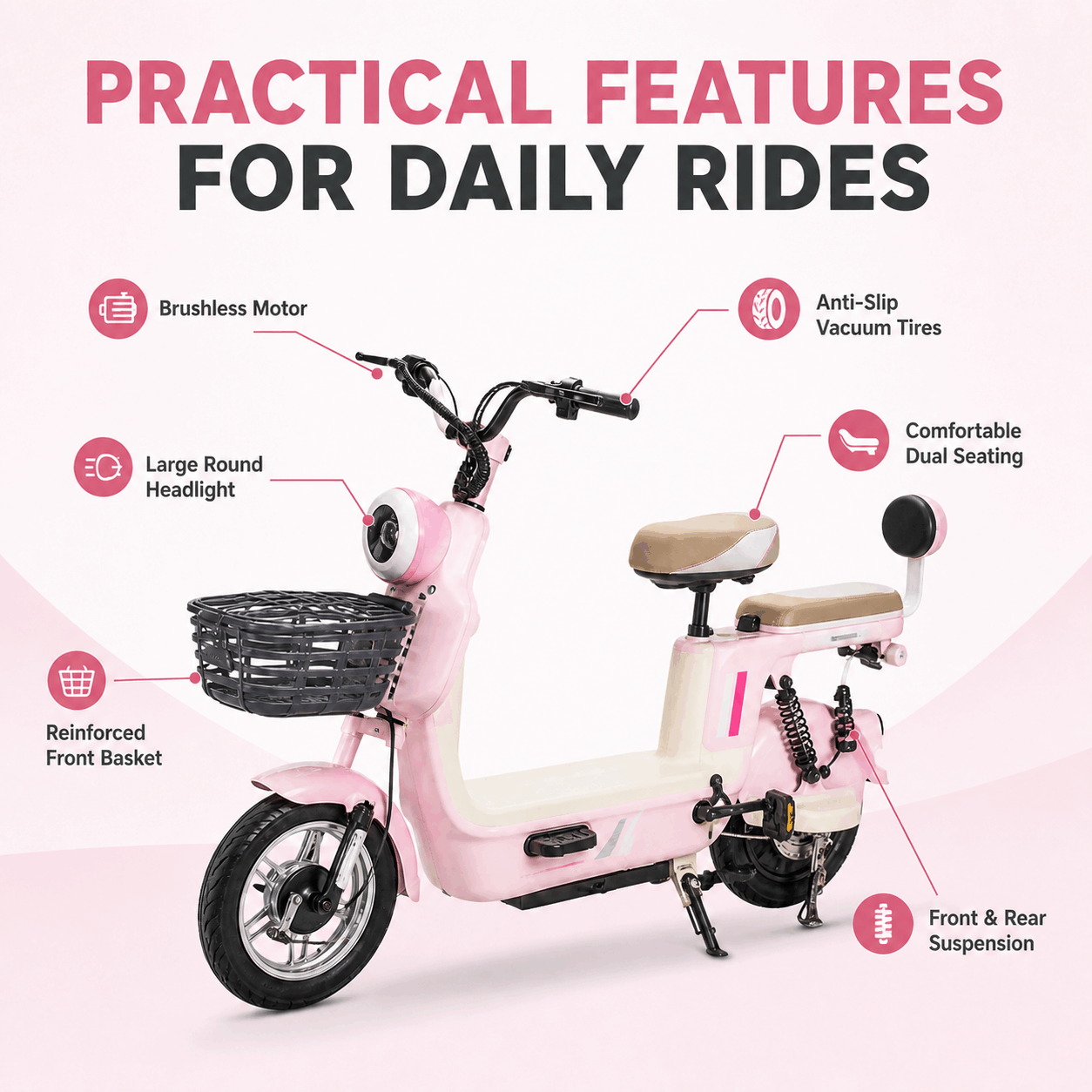 Compact Step-Through Electric Bike with Brushless Motor, Dual Seats, Basket & 30° Climbing
