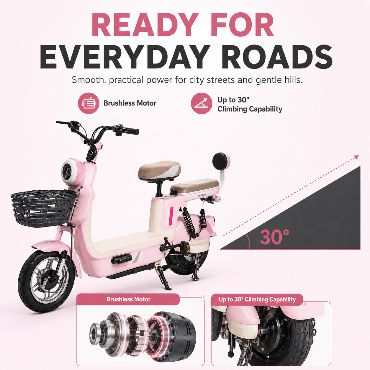 Compact Step-Through Electric Bike with Brushless Motor, Dual Seats, Basket & 30° Climbing