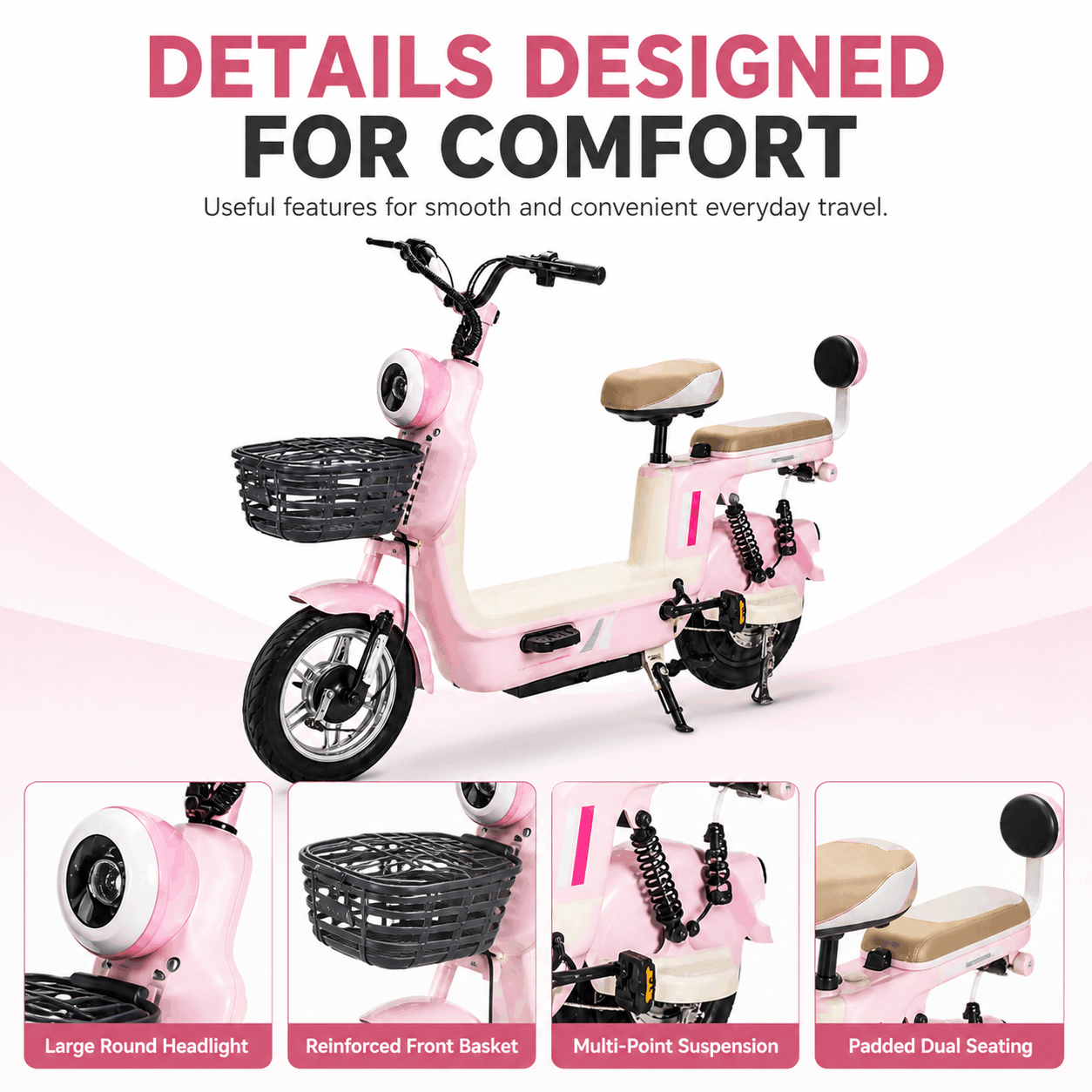Compact Step-Through Electric Bike with Brushless Motor, Dual Seats, Basket & 30° Climbing
