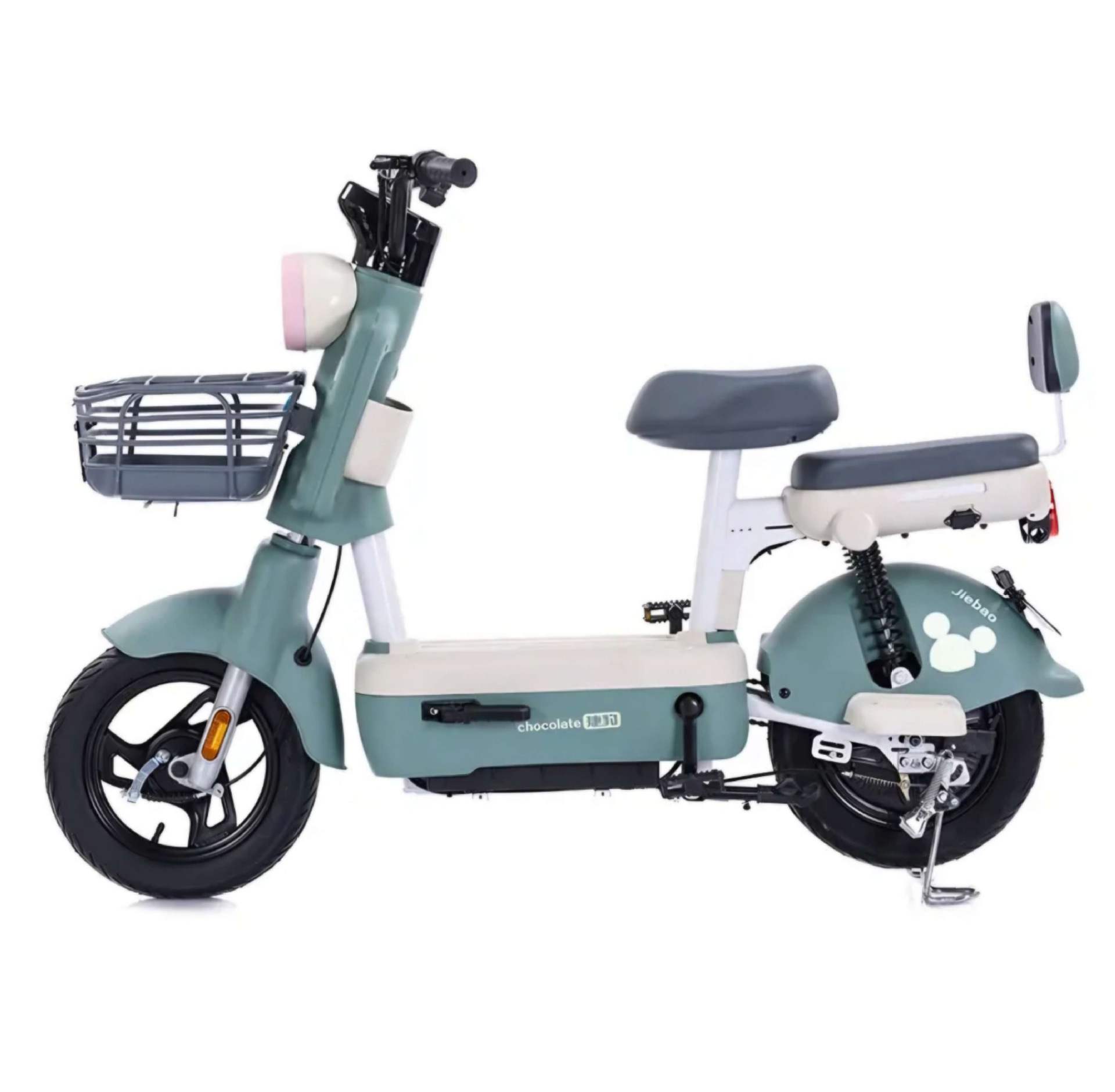 Compact Step-Through Electric Bike with Brushless Motor, Dual Seats, Basket & 30° Climbing