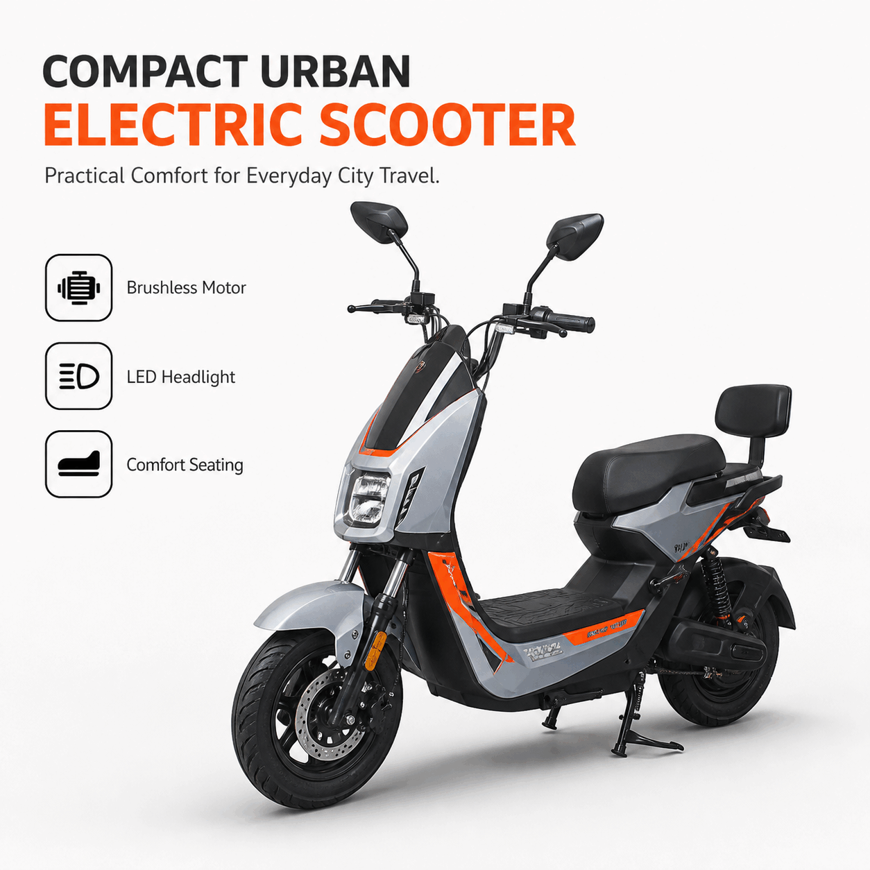 Compact Urban Electric Scooter with Brushless Motor, LED Headlight, Backrest & 30° Climbing
