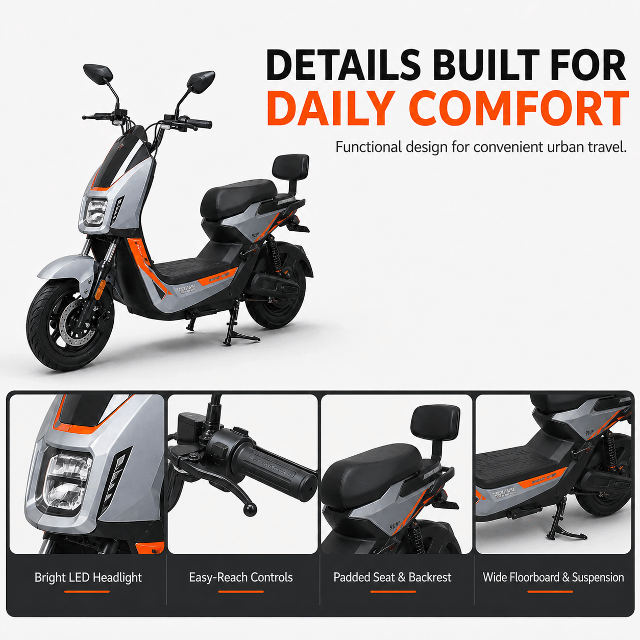 Compact Urban Electric Scooter with Brushless Motor, LED Headlight, Backrest & 30° Climbing