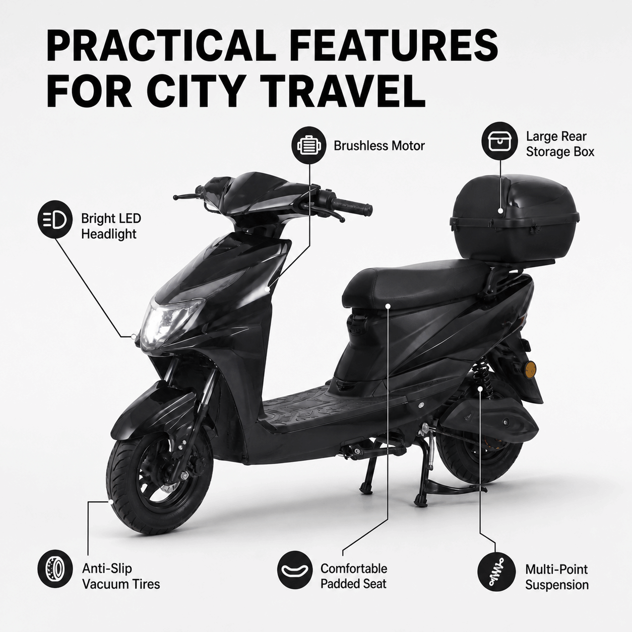 Compact Urban Electric Scooter with Brushless Motor, LED Headlight