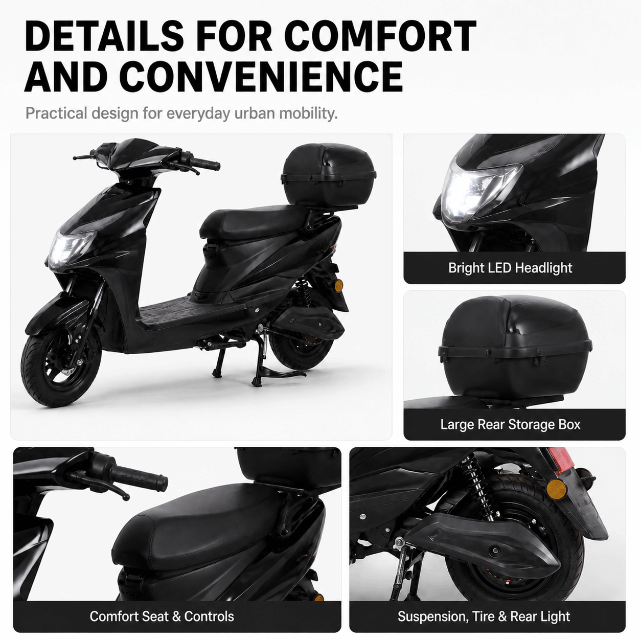 Compact Urban Electric Scooter with Brushless Motor, LED Headlight