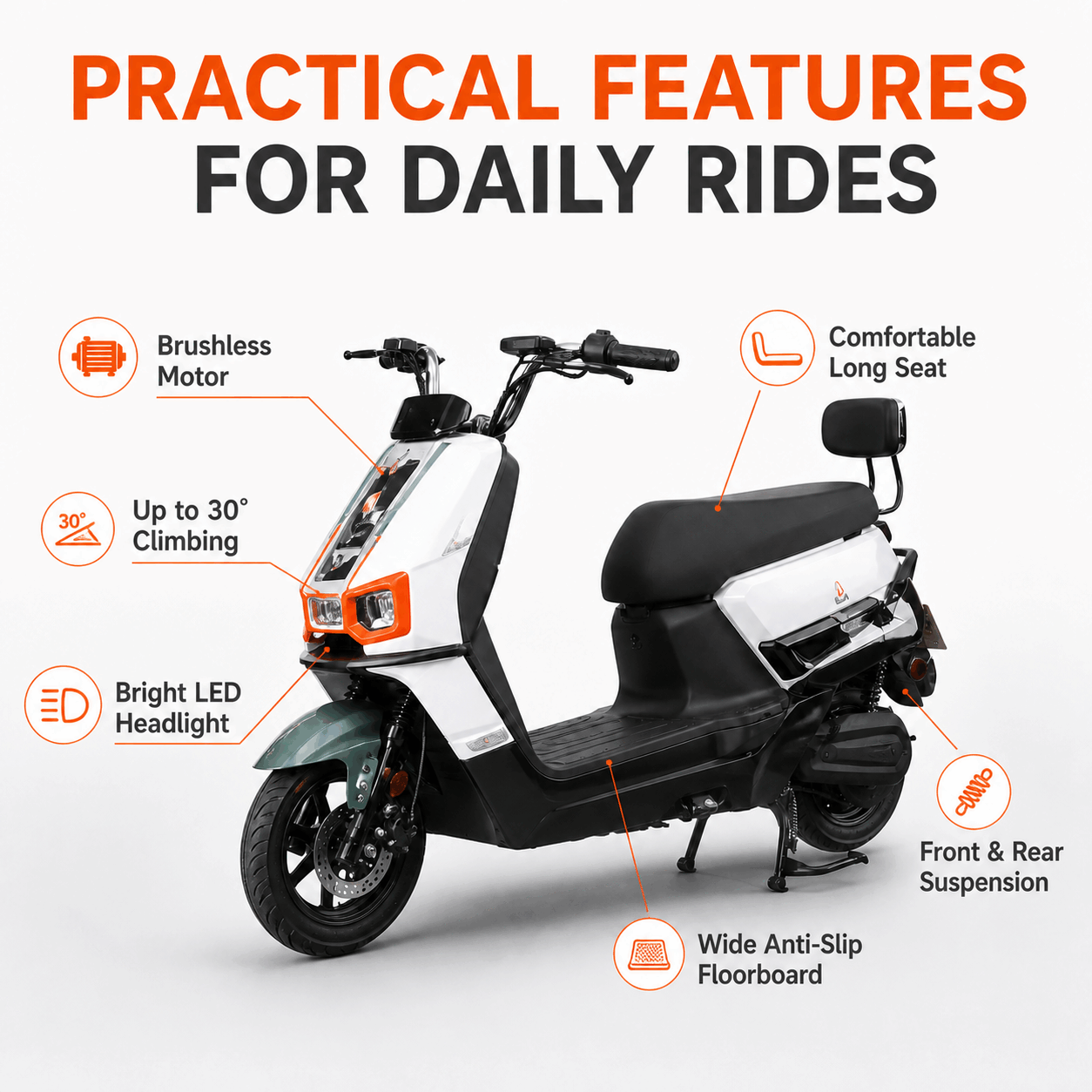 Modern Step-Through Electric Scooter with Dual Headlights, Long Seat & Rear Backrest