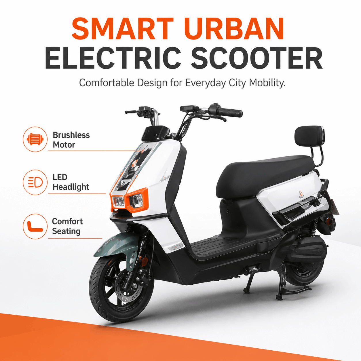 Modern Step-Through Electric Scooter with Dual Headlights, Long Seat & Rear Backrest