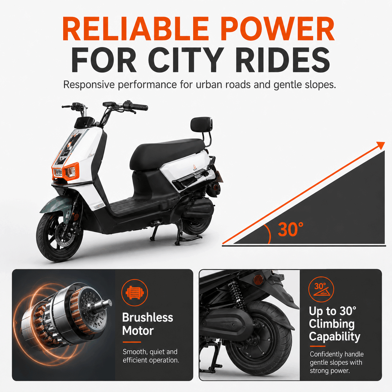 Modern Step-Through Electric Scooter with Dual Headlights, Long Seat & Rear Backrest
