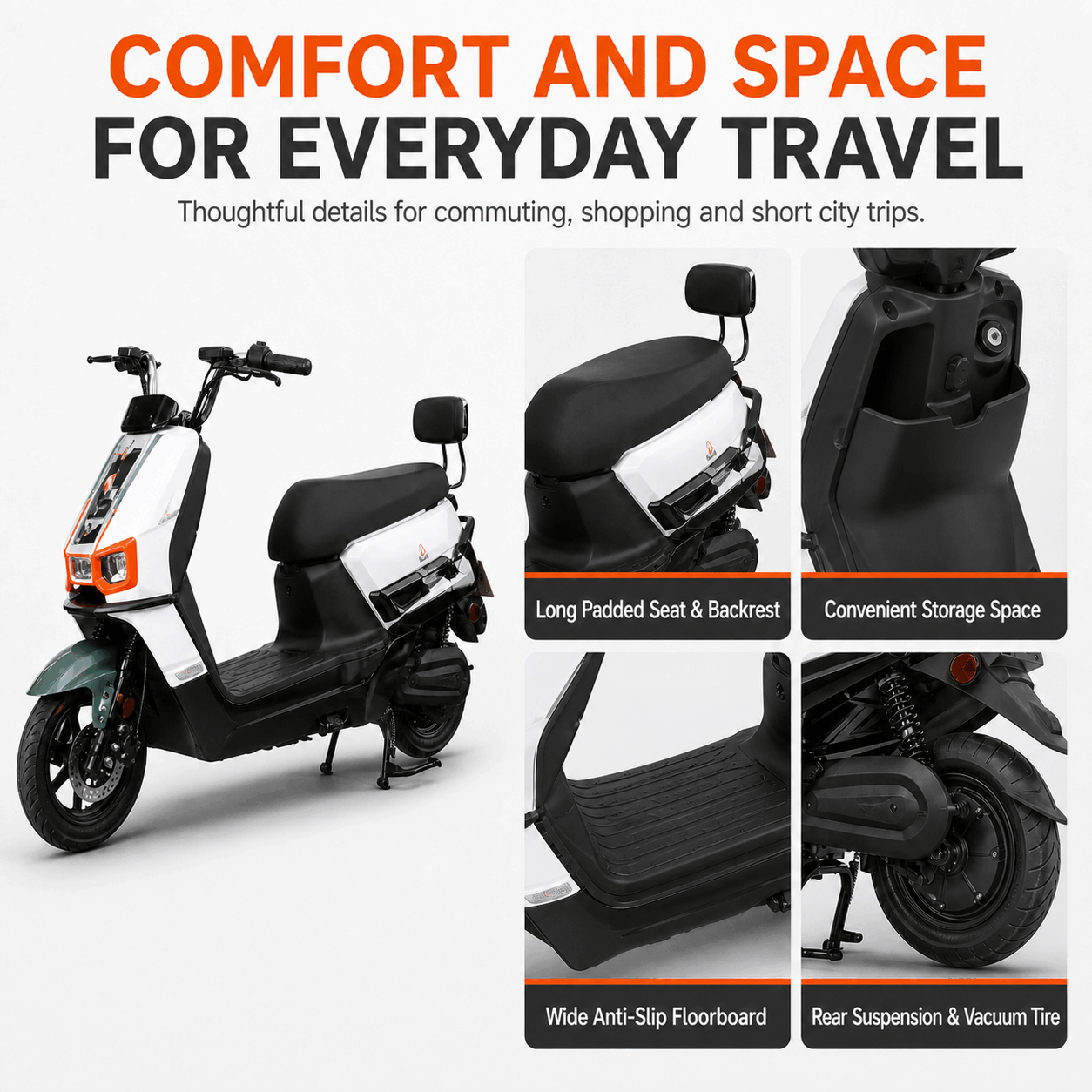 Modern Step-Through Electric Scooter with Dual Headlights, Long Seat & Rear Backrest
