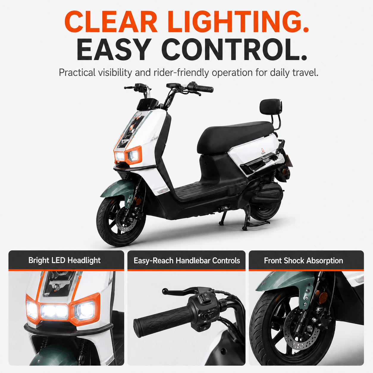 Modern Step-Through Electric Scooter with Dual Headlights, Long Seat & Rear Backrest