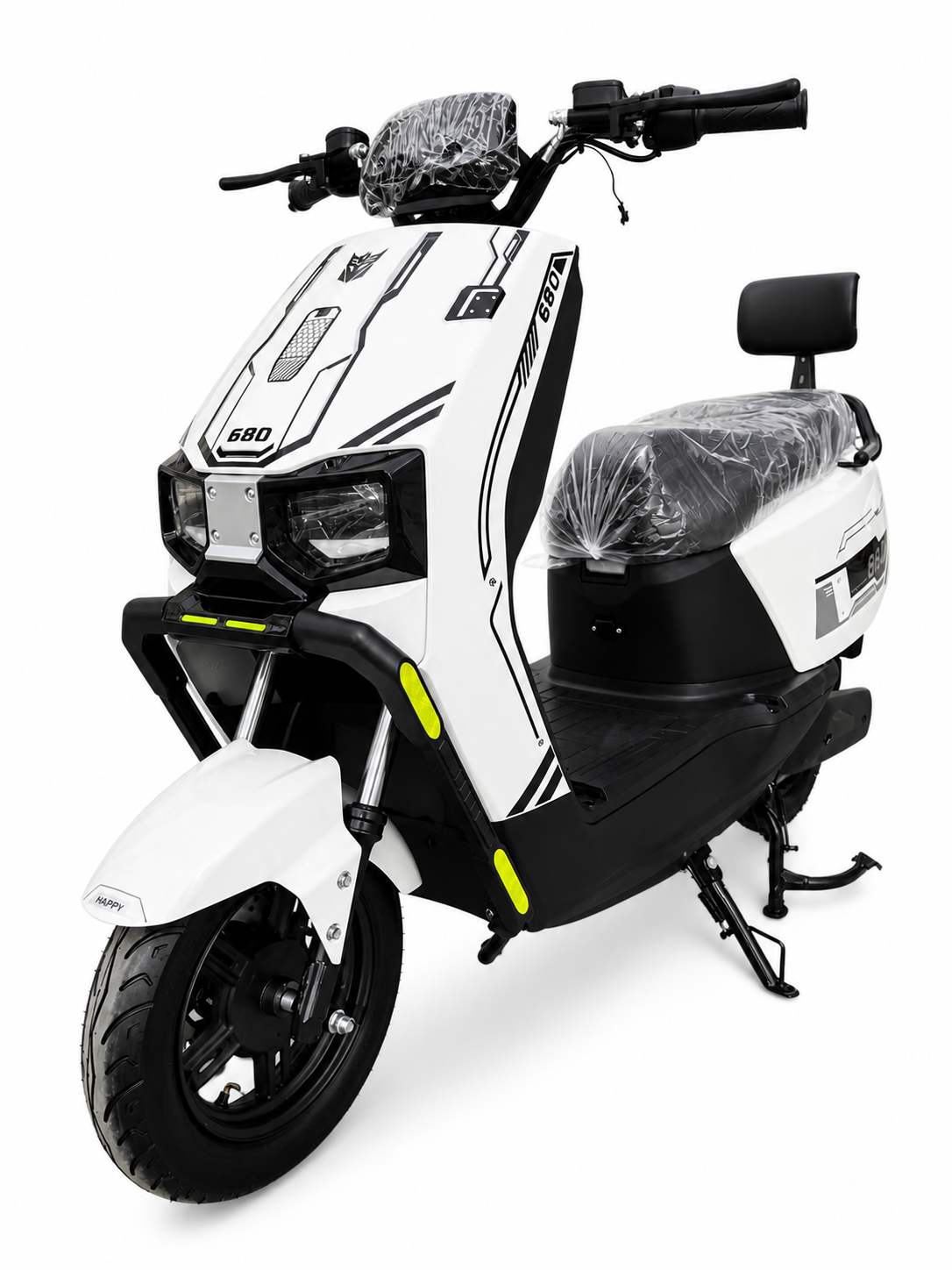 Modern Step-Through Electric Scooter with Dual Headlights, Long Seat & Rear Backrest