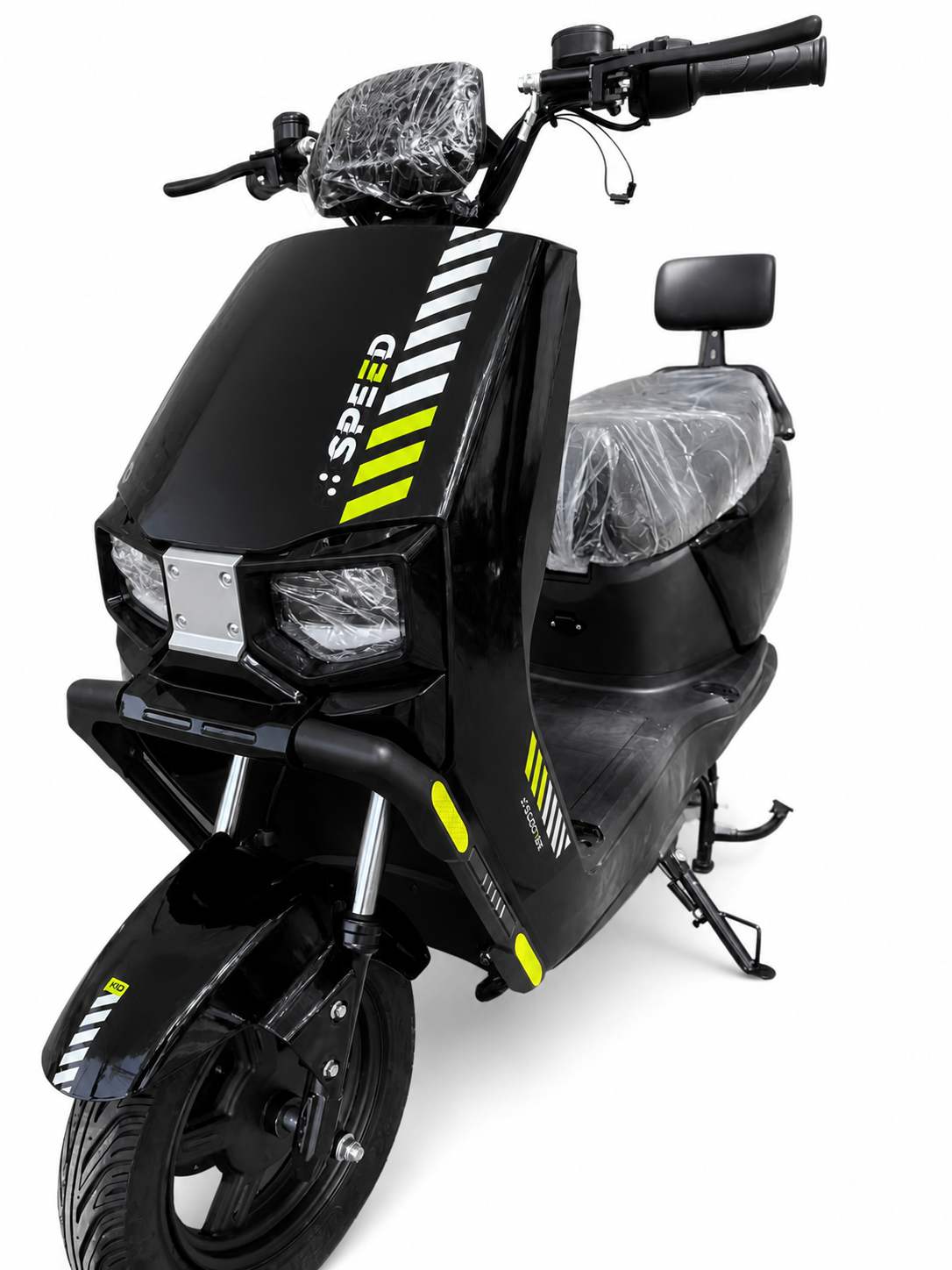 Modern Step-Through Electric Scooter with Dual Headlights, Long Seat & Rear Backrest