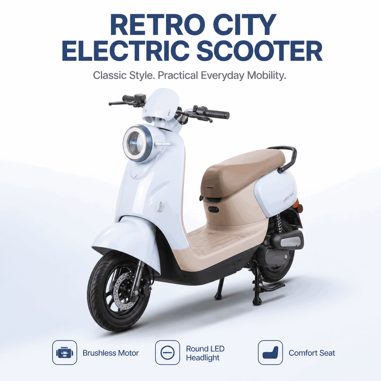 Retro Step-Through Electric Scooter with Brushless Motor, LED Headlight 