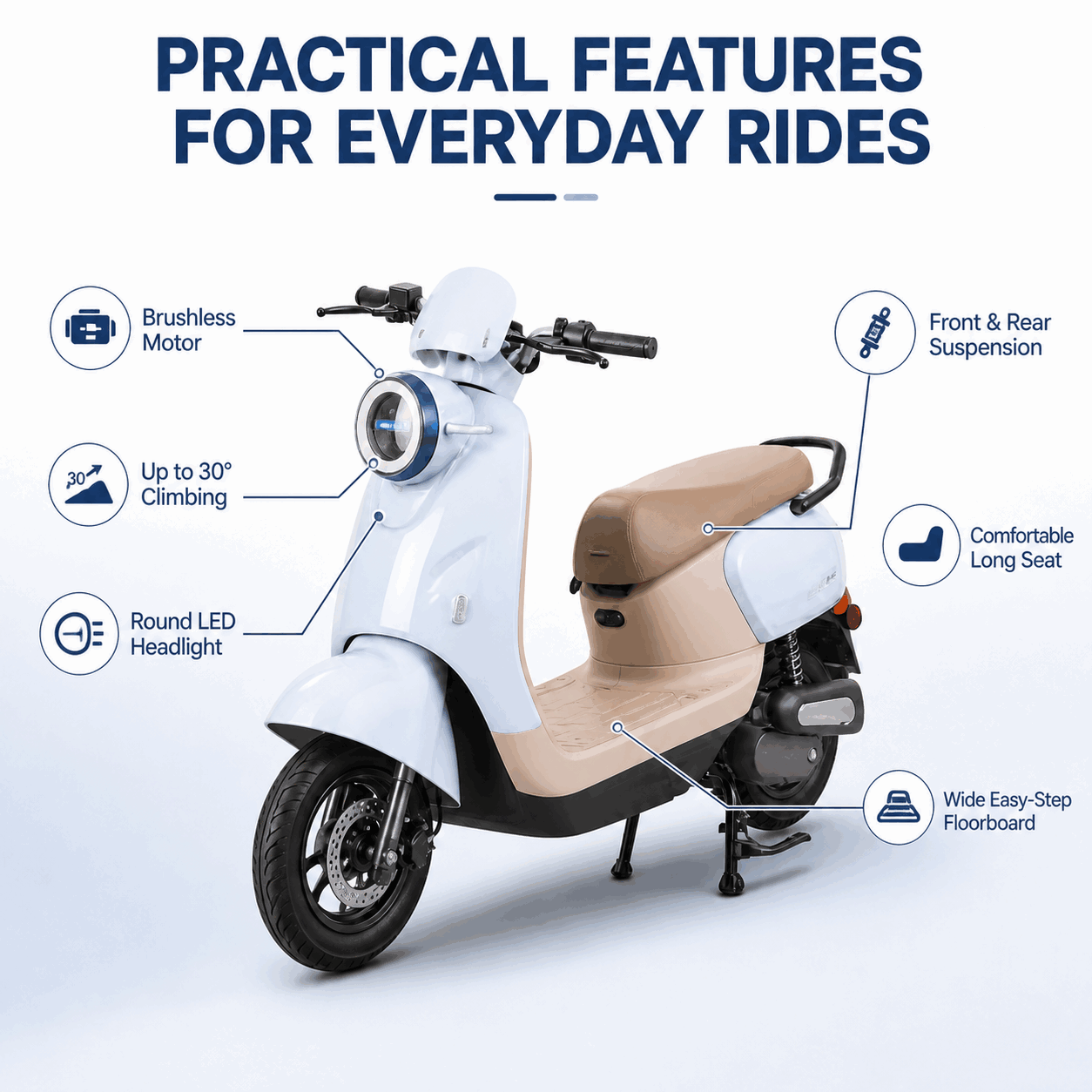 Retro Step-Through Electric Scooter with Brushless Motor, LED Headlight 