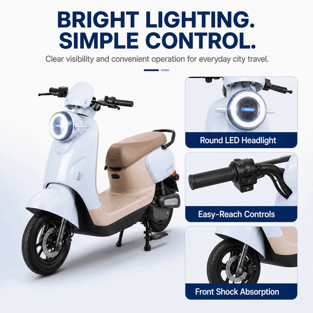 Retro Step-Through Electric Scooter with Brushless Motor, LED Headlight 