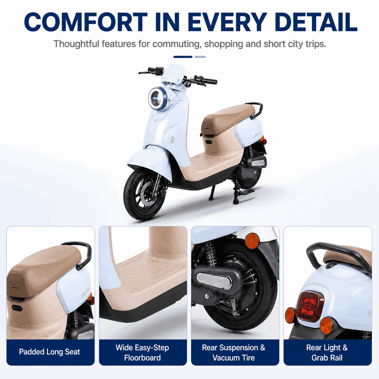 Retro Step-Through Electric Scooter with Brushless Motor, LED Headlight 