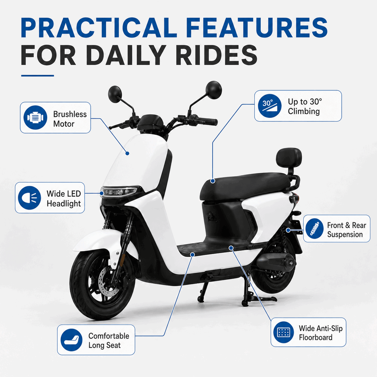 Minimalist Step-Through Electric Scooter with Brushless Motor, LED Headlight