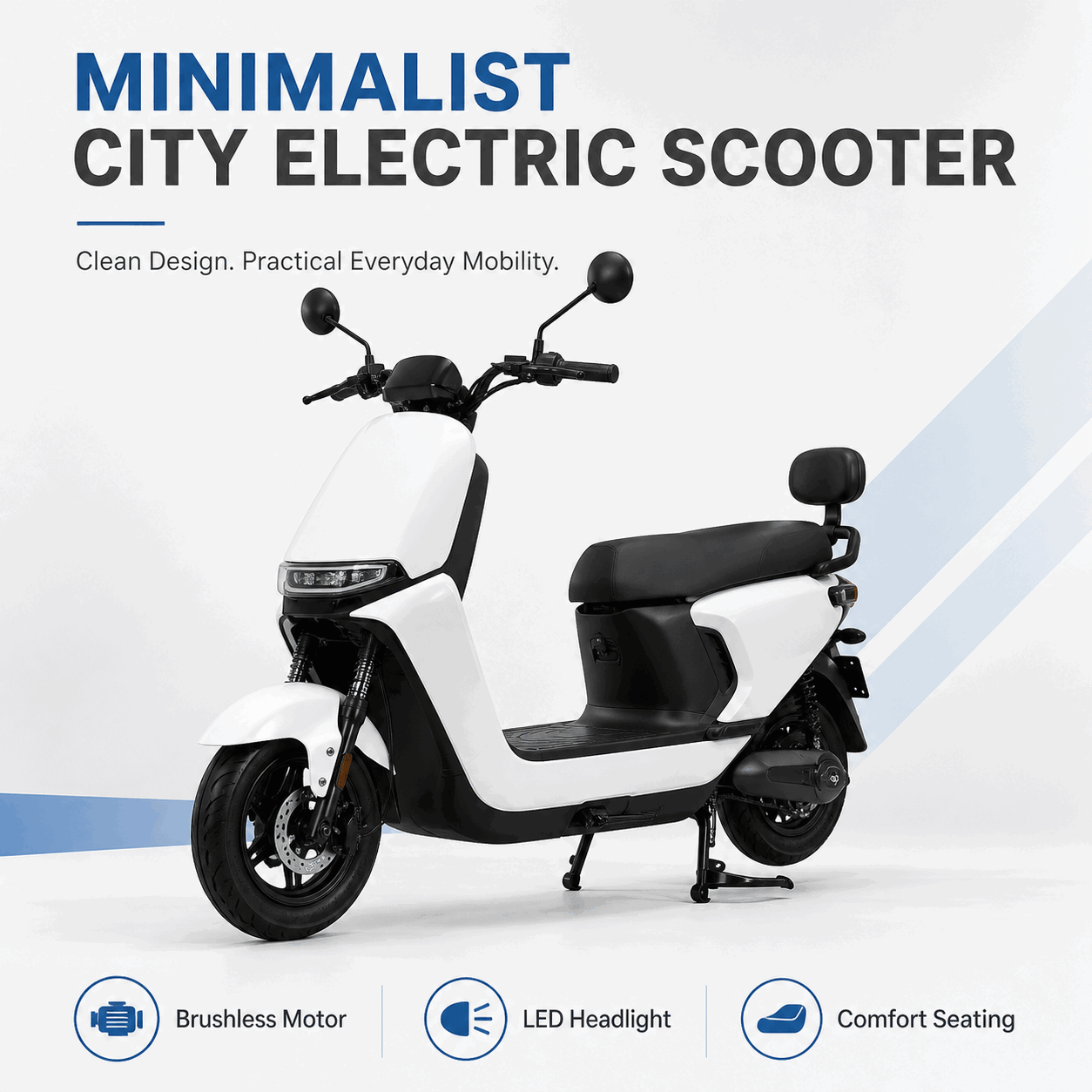 Minimalist Step-Through Electric Scooter with Brushless Motor, LED Headlight