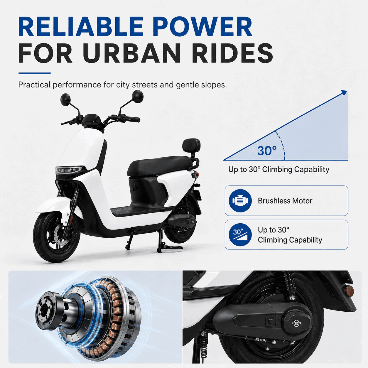 Minimalist Step-Through Electric Scooter with Brushless Motor, LED Headlight