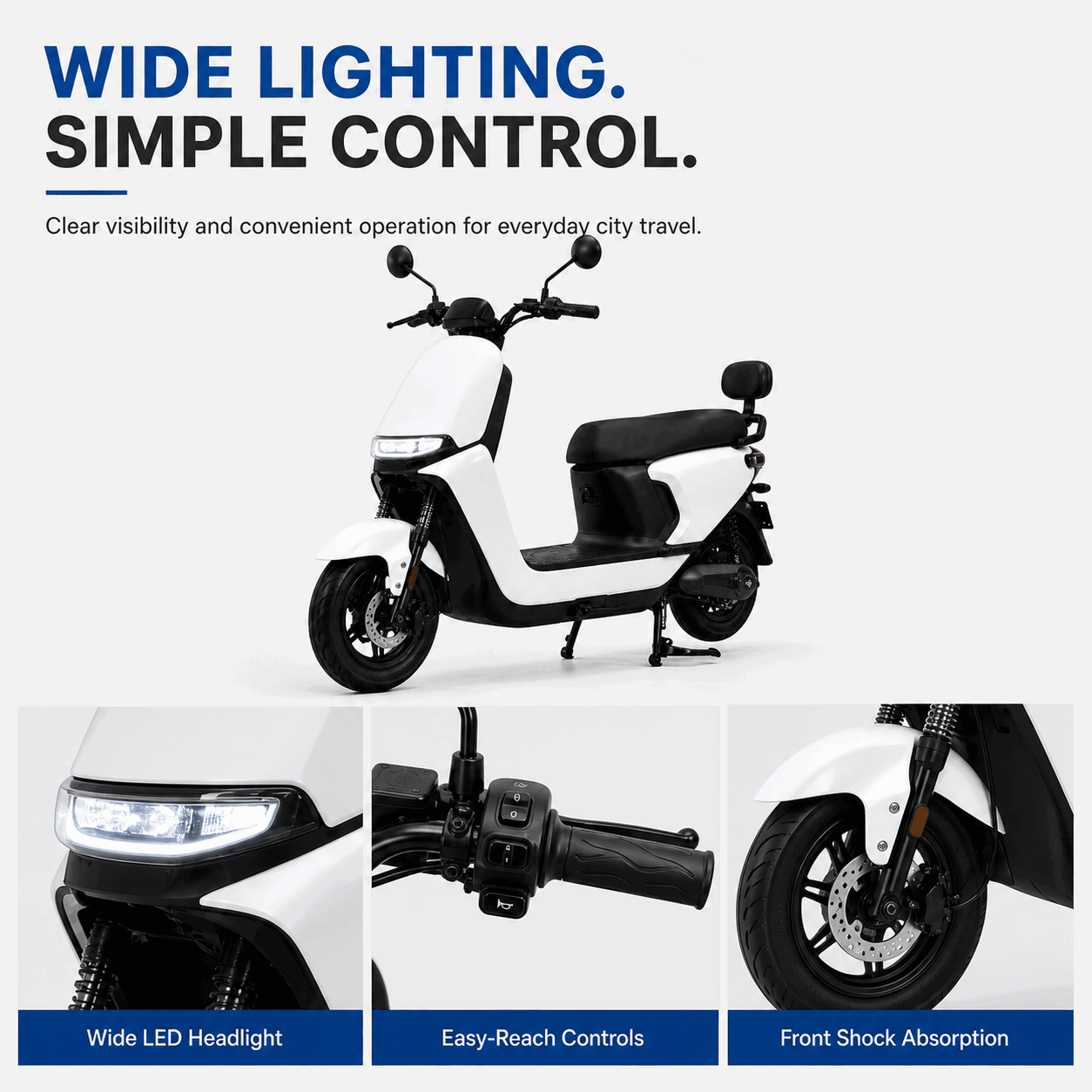 Minimalist Step-Through Electric Scooter with Brushless Motor, LED Headlight