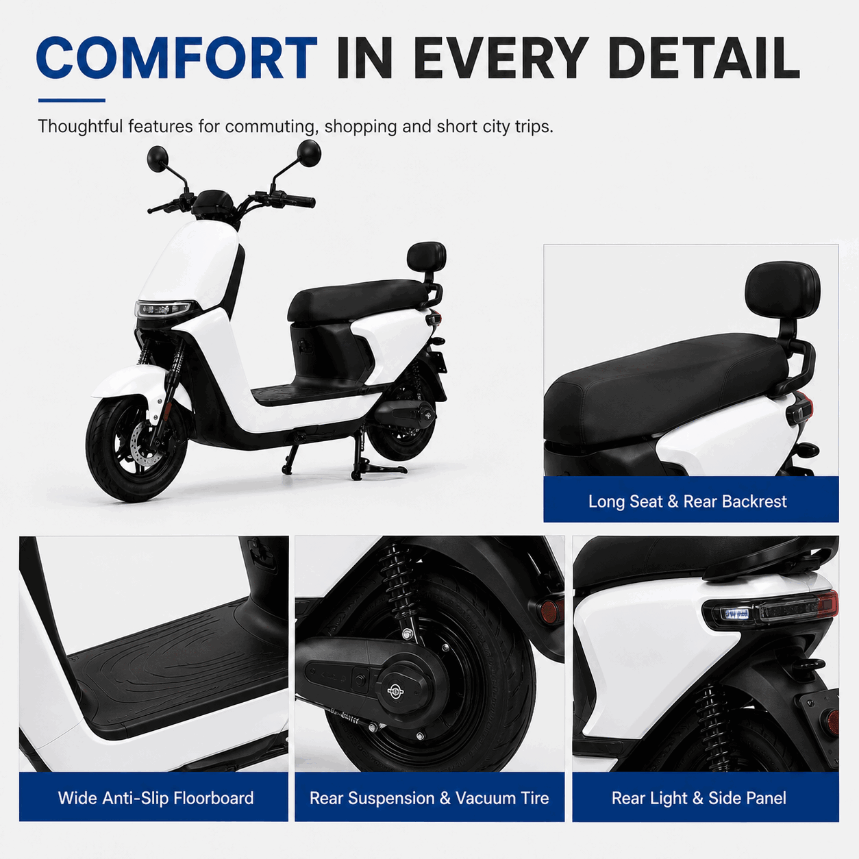Minimalist Step-Through Electric Scooter with Brushless Motor, LED Headlight