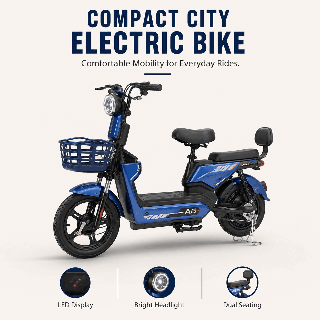 Compact Step-Through Electric Bike with Dual Seat, Front Basket and LED Display