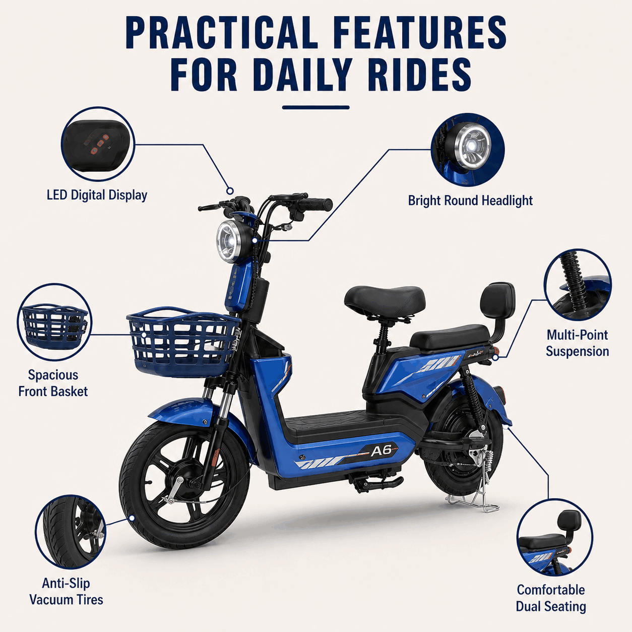 Compact Step-Through Electric Bike with Dual Seat, Front Basket and LED Display