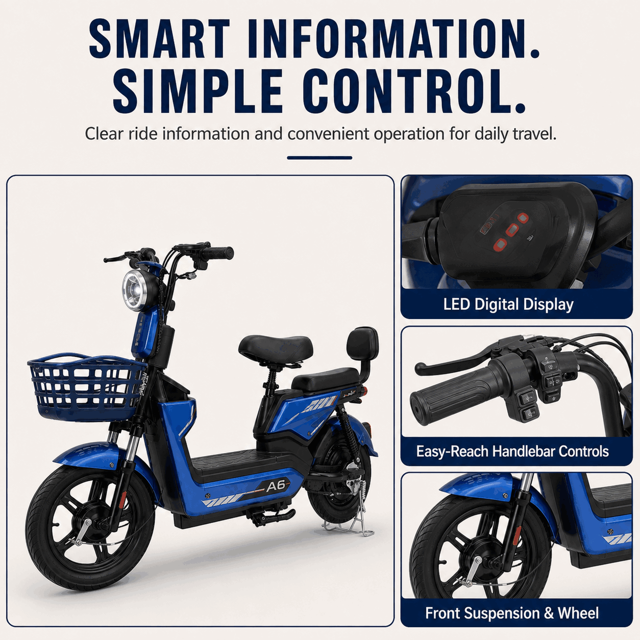 Compact Step-Through Electric Bike with Dual Seat, Front Basket and LED Display