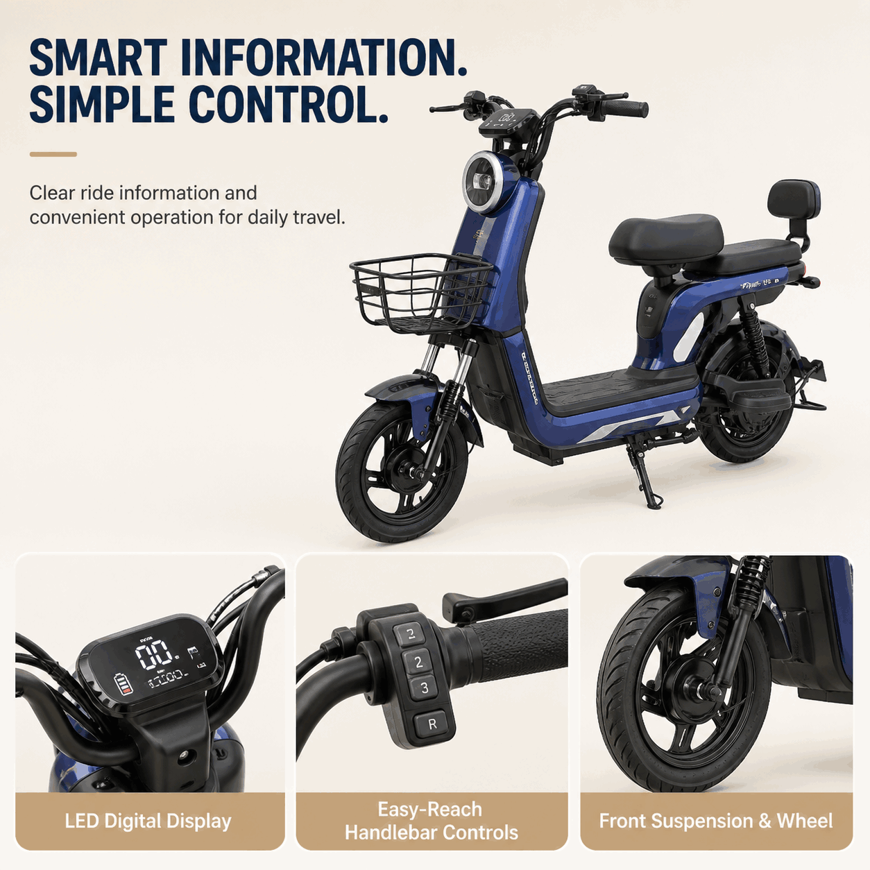 Compact Step-Through Electric Bike with Dual Seat, Front Basket and LED Display
