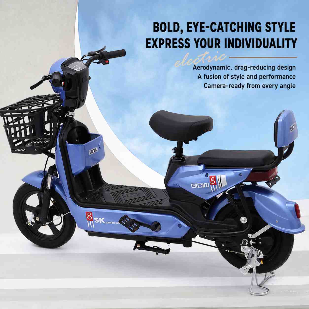 Compact Step-Through Electric Bike with Dual Seat, Front Basket and LED Display