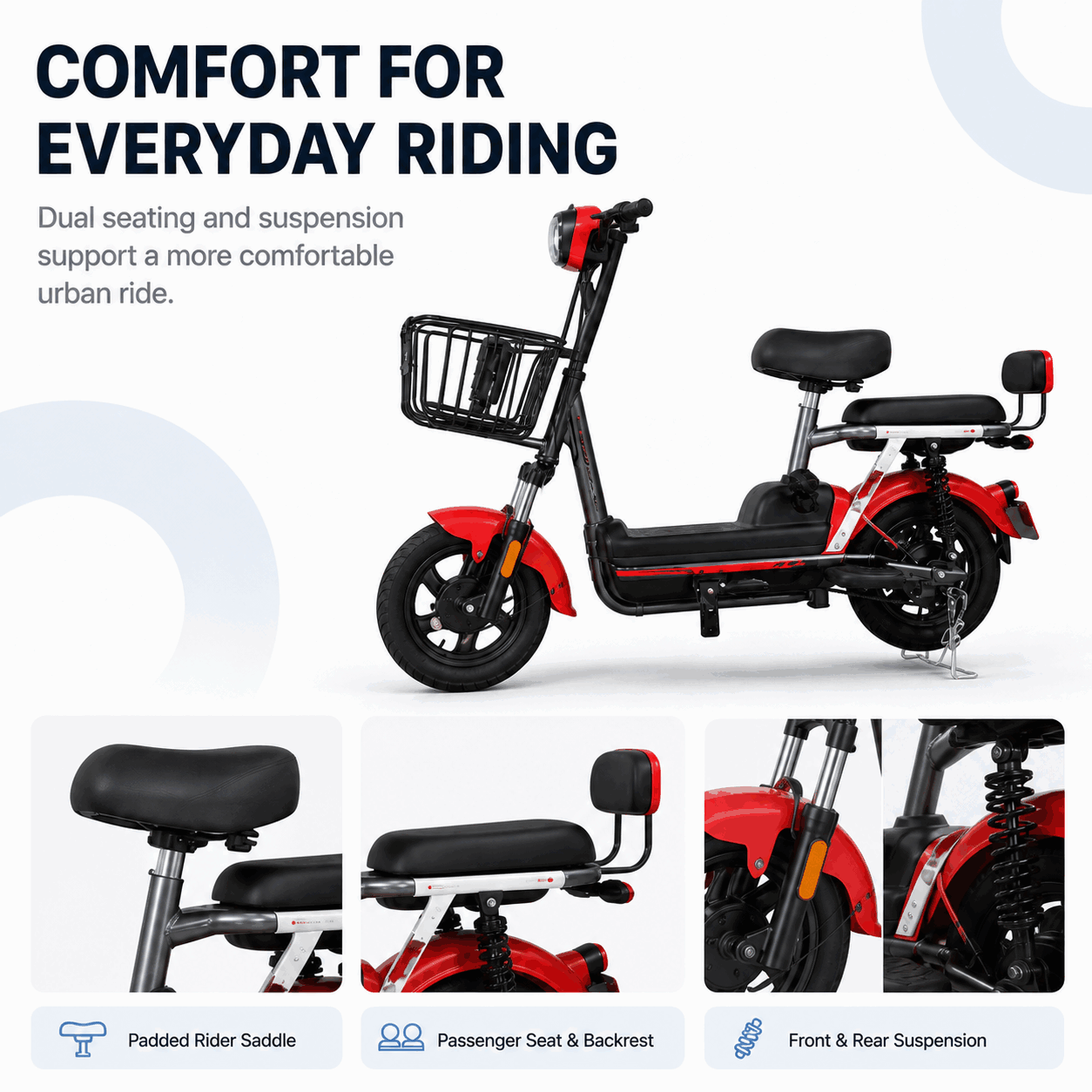 Compact Step-Through Electric Bike with Front Basket, Dual Seat and LED Display