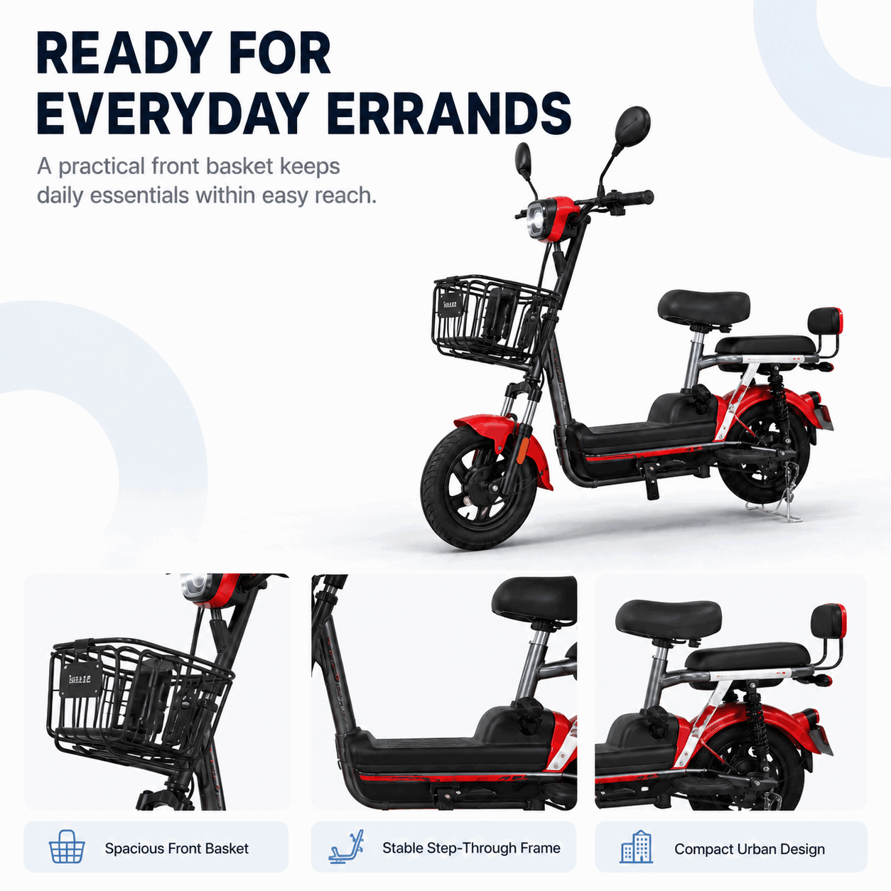 Compact Step-Through Electric Bike with Front Basket, Dual Seat and LED Display